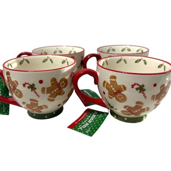 Sleigh Bell Bistro Mugs Set of 4  Gingerbread & candy cane 15oz mugs. NWT - Picture 1 of 9